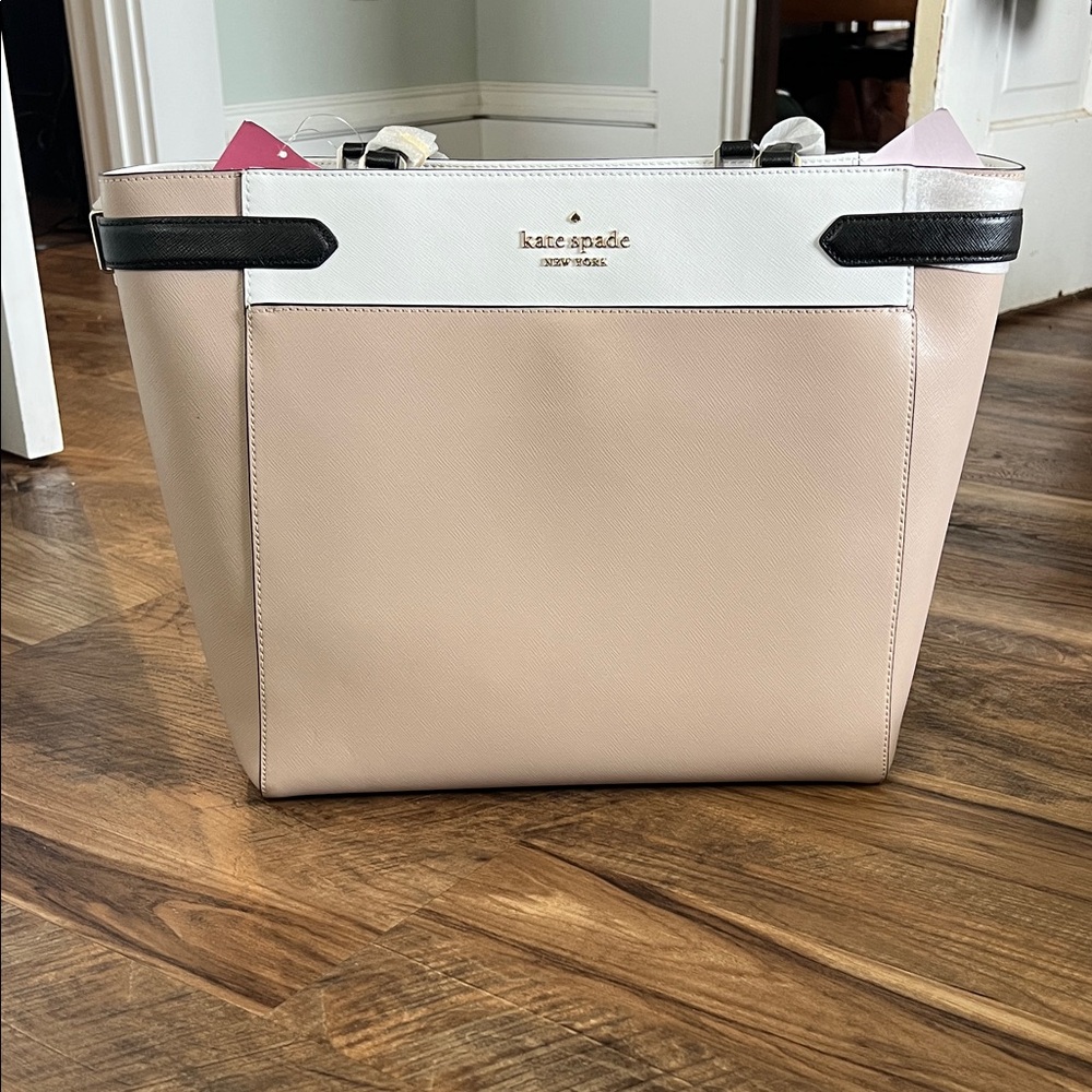 Kate Spade Laptop Tote WKRU7088 Colorblock Saffiano Leather Warm Beige - Picture 6 of 11